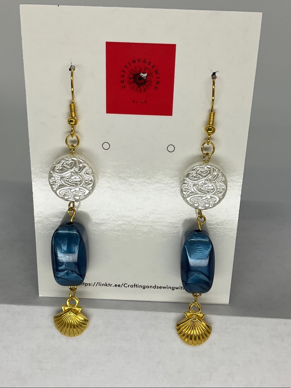 Gold & Blue Shell Drop Earrings — Elegant Dangle Style